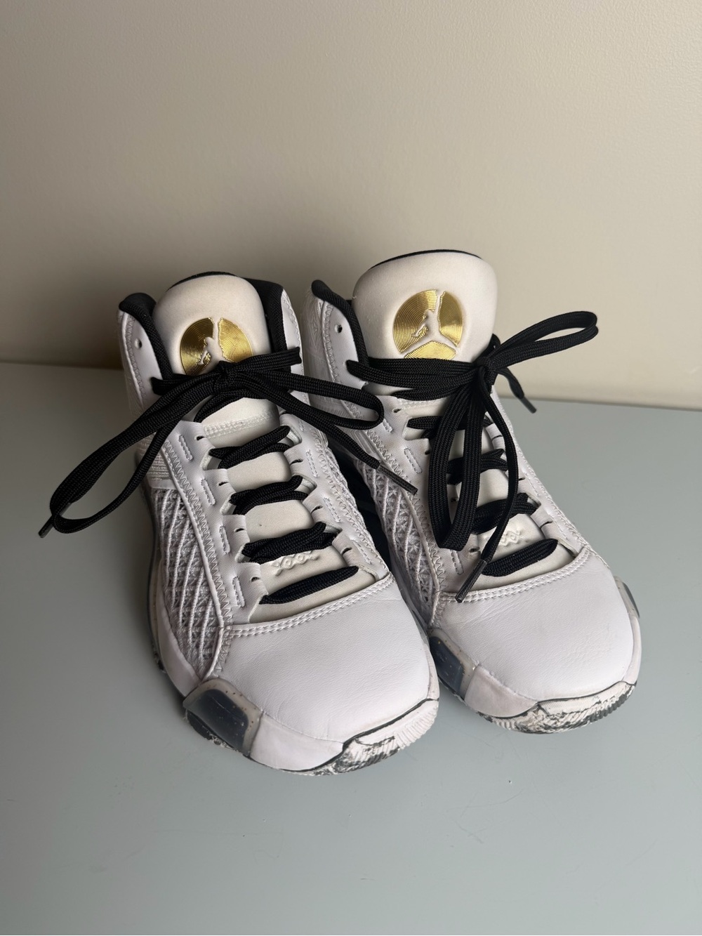 Nike Air Jordan Kids 5.5 White and Black Basketball Sneakers with Gold Accent